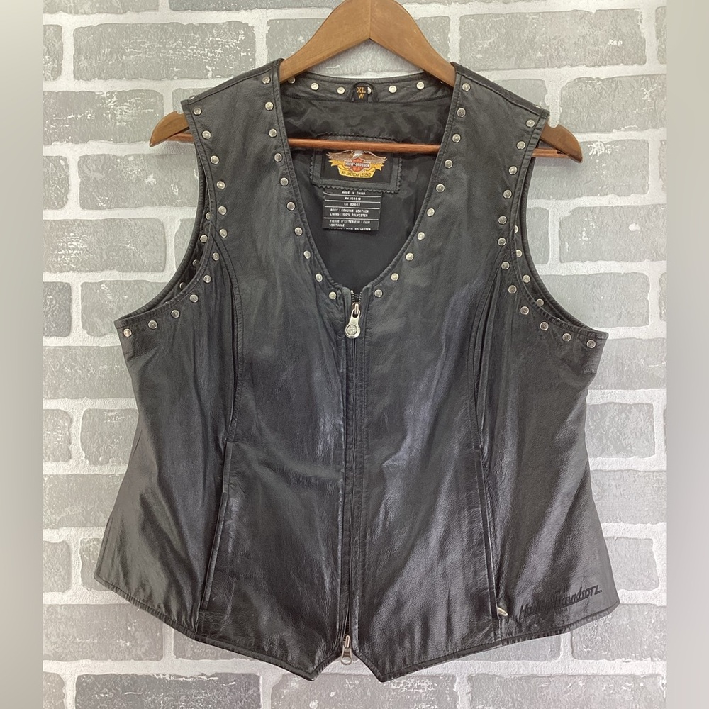 Vintage Black Leather Harley Davidson Vest Women's XL Silver Metal Studs